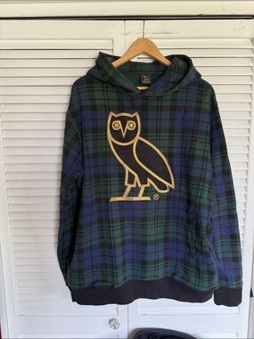 OVO Plaid Crewneck Sweater with Gold Owl Logo - Green & Blue